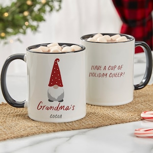 Christmas Gnome Personalized Black Coffee Mug, Hot Cocoa Mug, Custom Christmas Mug, Christmas Stocking Stuffer, Gifts for Kids
