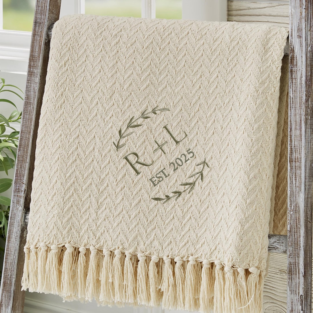 Personalized Wedding Blanket – Custom Embroidered Afghan – Anniversary Throw – Newlywed Gift for Couples - Sage