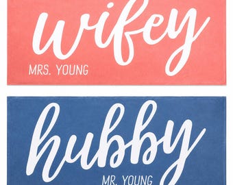 Personalized Wifey Hubby Beach Towel – Wedding Couples Gift – Mr Mrs Bath Towel