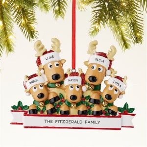 K&ouml;nnte beinhalten: Ein Weihnachtsschmuck mit einer Familie von f&uuml;nf Rentieren. Jedes Rentier tr&auml;gt einen Hut mit einem Namen: Luke, Becca, Brady, Mason und Layla. Auf dem Banner steht "THE FITZGERALD FAMILY". Die Rentiere tragen Weihnachtsm&uuml;tzen und gr&uuml;ne Schals.