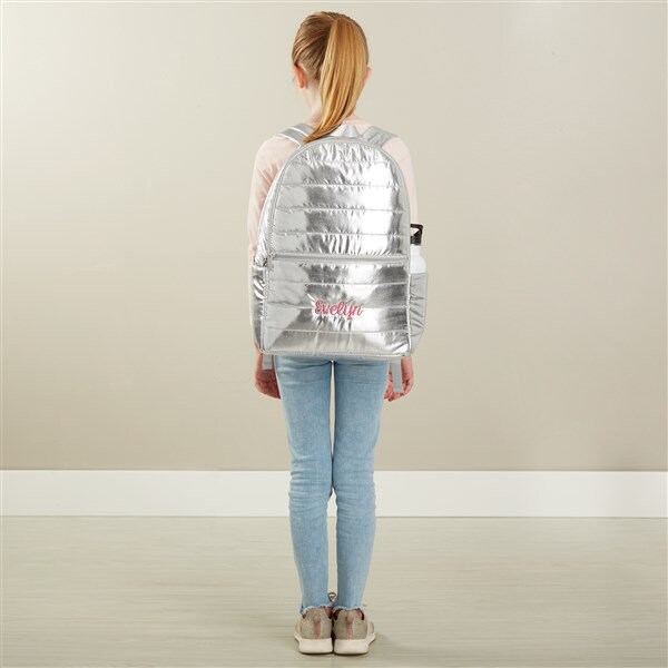 Metallic Silver Embroidered Puffer Backpack, School Bag  display picture 1