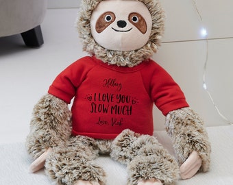 I Love You Slow Much Personalized Plush Sloth Stuffed Animal with Red Shirt, Stuffed Animals, Kids Gift, Valentine's Day Gift, Sloth