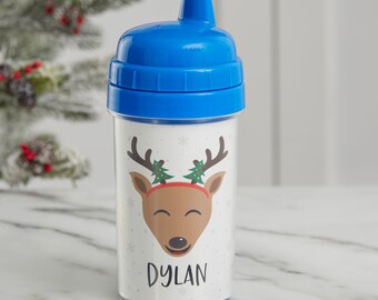 Build Your Own Reindeer Personalized Toddler 10 oz. Blue Sippy Cup, Personalized Christmas Gifts, Personalized Gifts for Kids