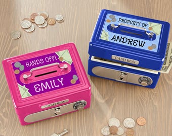 Personalized Kids Cash Box: Custom Engraved Money Bank with Lock