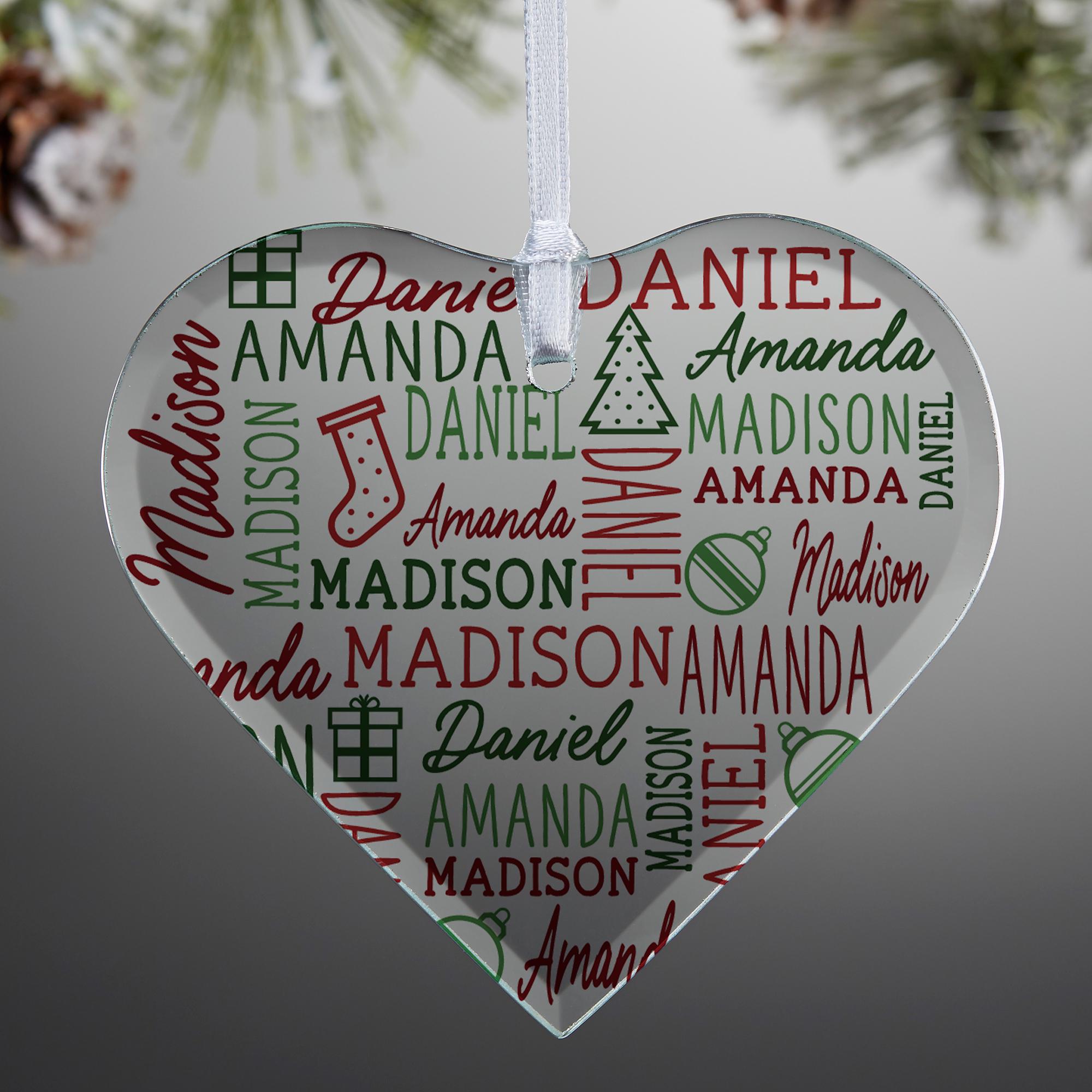 Holiday Repeating Name Personalized Glass Heart Ornament, Grandparent ...