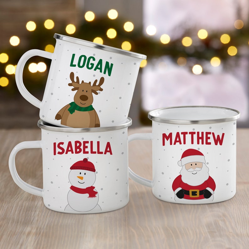 Santa & Friends Personalized Christmas Camp Mug, Hot Cocoa Mug, Custom Christmas Mug, Christmas Stocking Stuffer, Gifts for Kids image 1