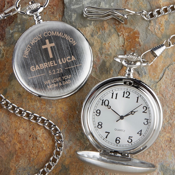 First Communion Engraved Silver Pocket Watch, Personalized Communion Gifts, Gifts for Communion