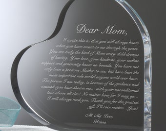 A Letter To Mom Personalized Heart Sculpture, Mother's Day Gifts, Keepsakes for Mom, Custom Mom Gift, Keepsake Block, Acrylic Heart