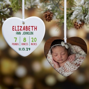 Newly Loved Baby Info Personalized Heart Ornament, Custom Baby Gifts, Personalized New Baby Ornaments, Christmas Ornament, Christmas