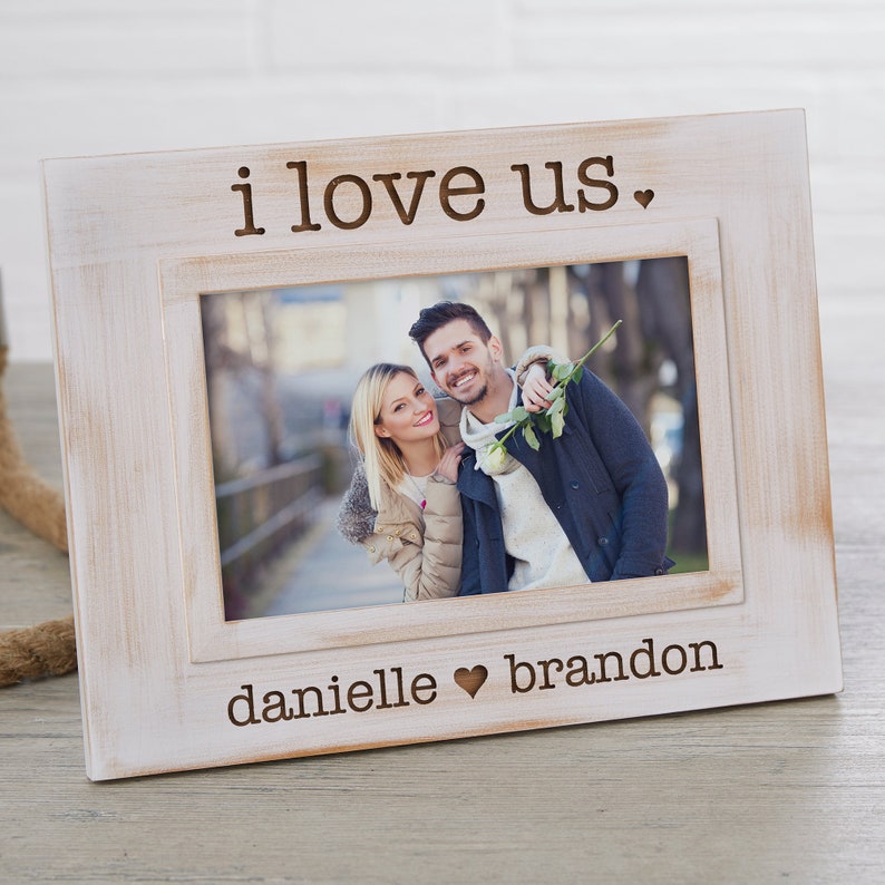I Love Us Engraved White Washed Picture Frame Personalized image 1