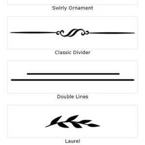 May include: Five different accent graphic options for a design project. The options include a swirly ornament, a classic divider, double lines, a laurel wreath, and no accent graphic.