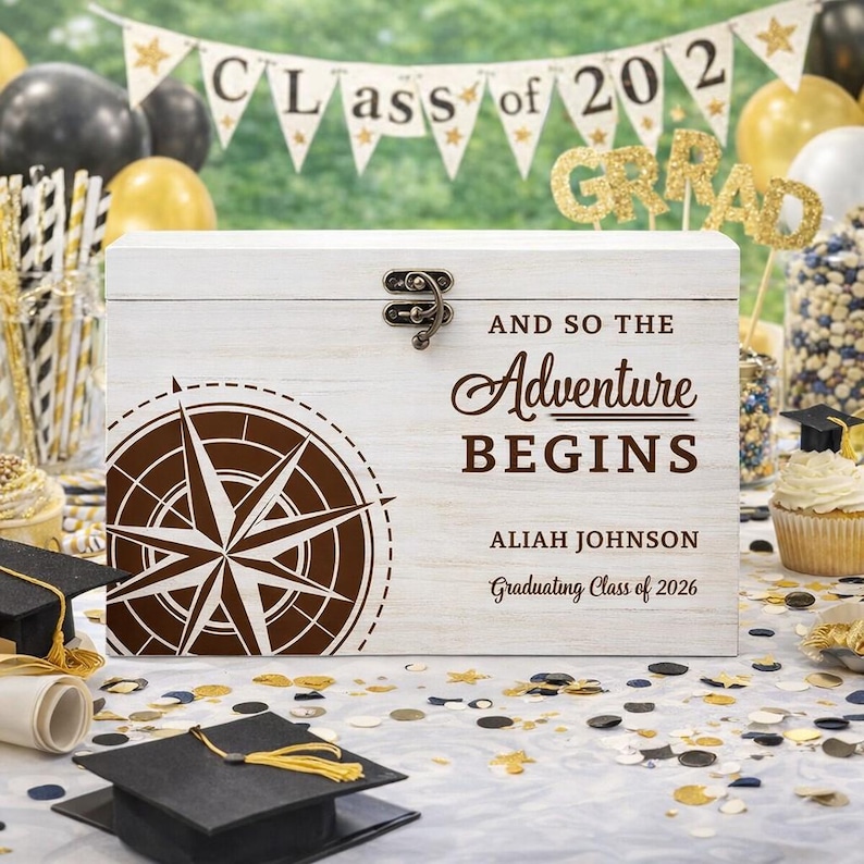 Personalized Graduation Card Box – Engraved Compass Wood Card Holder – Custom Graduation Party Money Box – Unique Grad Student Keepsake Gift image 5