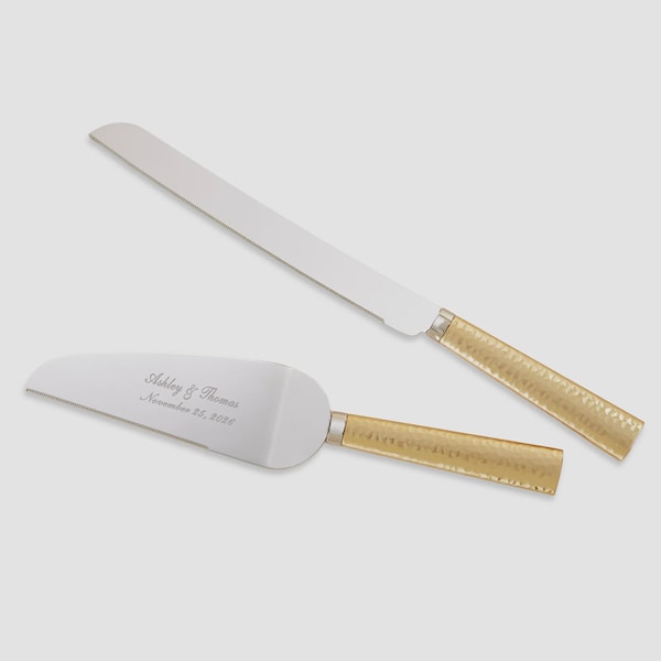 Personalized Gold Hammered Cake Knife Set – Engraved Wedding Cake Server Set – Elegant Bride and Groom Wedding Gift