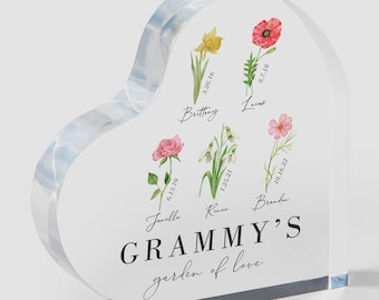 Birth Month Flower Personalized Colored Heart Keepsake - Custom Mother's Day Grandma Gift - Floral Birth Month Flower Gifts - Custom Names
