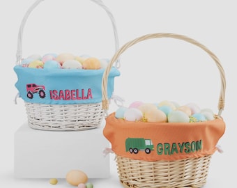 Personalized Construction & Monster Truck Easter Basket – Custom Kids Wicker Easter Bunny Basket – Boys Printed Easter Egg Hunt Basket