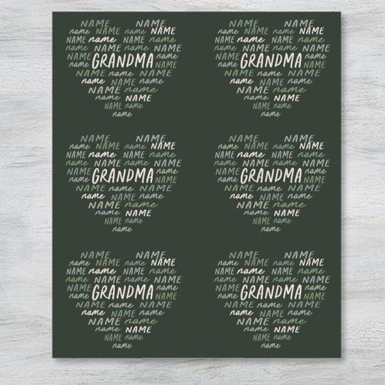 Puede incluir: Cuatro dise&ntilde;os de papel de regalo verde con la palabra "Abuela" en blanco rodeada de la palabra "Nombre" en verde y blanco.