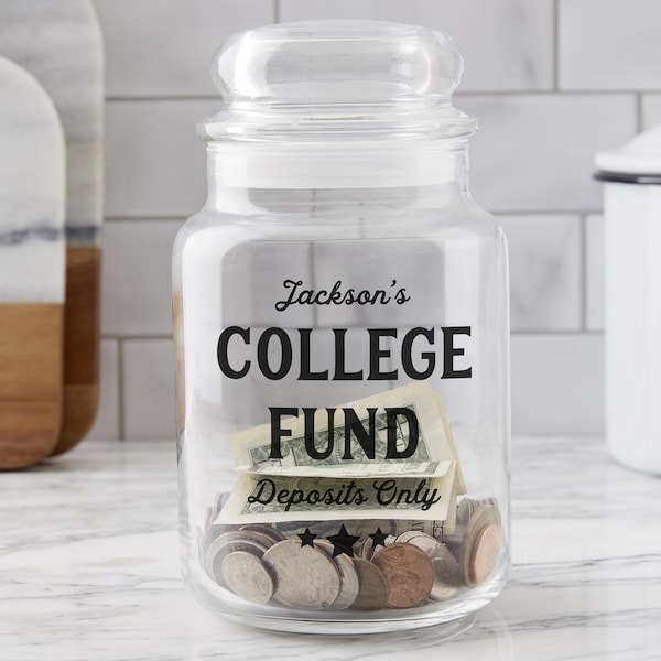 Personalized College Fund Money Jar: Custom Glass Coin Bank