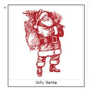 May include: Red and white illustration of Santa Claus carrying a large sack and a bundle of evergreen branches. Santa is wearing a hat, coat, and boots, all trimmed with white fur. The text "Jolly Santa" is at the bottom.