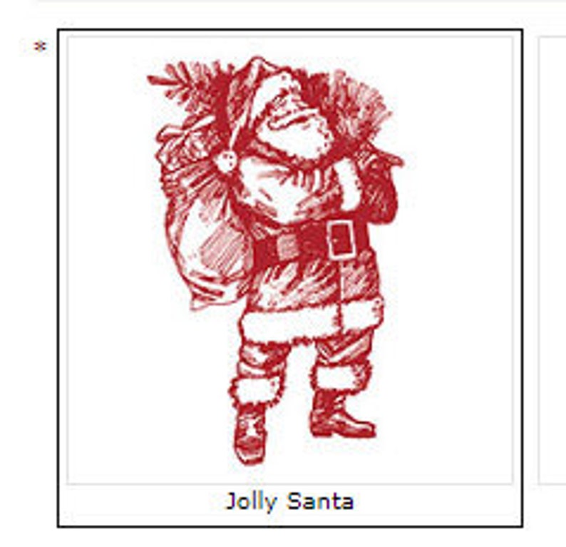 May include: Red and white illustration of Santa Claus carrying a large sack and a bundle of evergreen branches. Santa is wearing a hat, coat, and boots, all trimmed with white fur. The text "Jolly Santa" is at the bottom.