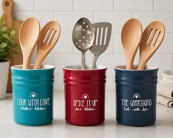 Personalized Stoneware Utensil Holder – Custom Kitchen Organizer – Gift for Mom