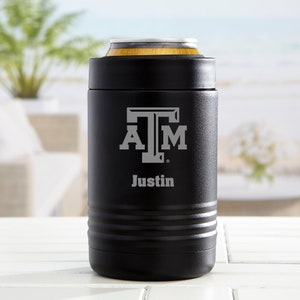May include: Black insulated can cooler with a silver Texas A&M logo and the name "Justin" engraved on the front.