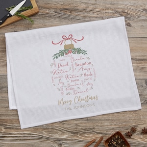 Merry Family Personalized Christmas Waffle Weave Kitchen Towel, Christmas Gifts for the Kitchen, Christmas Home Decor, Christmas Decor