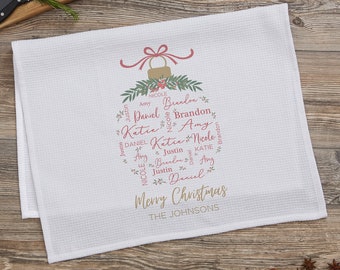 Merry Family Personalized Christmas Waffle Weave Kitchen Towel, Christmas Gifts for the Kitchen, Christmas Home Decor, Christmas Decor
