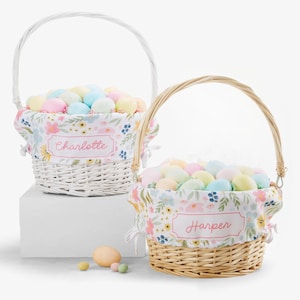 Personalized Name Wicker Easter Basket – Custom Bunny Hunt Floral Easter Egg Basket
