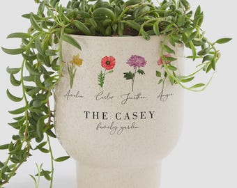 Personalized Birth Month Flower Planter – Custom Family Name Ceramic Plant Pot – Tan Pedestal Gift for Mom