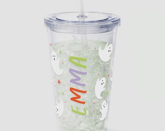 Personalized Bright Fright Ghosts 17 oz. Insulated Acrylic Tumbler – Custom Kids Halloween Ghost Cup with Straw