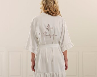Bride Personalized Ruffle Satin Robe, Bath Robe, For Her, Birthday Gift, Christmas Gift, Newly Weds, Wedding Gift, Lover's Gift, Bride-to-Be