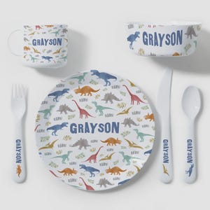 Personalized Dinosaur Kids Dinnerware Set – Unbreakable Polymer Plates – Bowls – Utensils