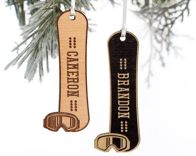 Personalized Wood Snowboard Ornament – Engraved Christmas Gift