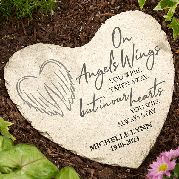 On Angel's Wings Personalized Memorial Heart Garden Stone, Personalized Memorial Gifts, Gifts for Memorial, Sympathy Gifts