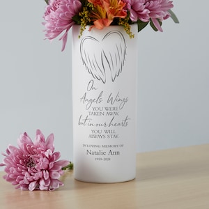 On Angels Wings Personalized White Flower Vase, Memorial Vase, Keepsake, In Memory Of, Flowers, Forget Me Not, Loved Ones, Apology Gift