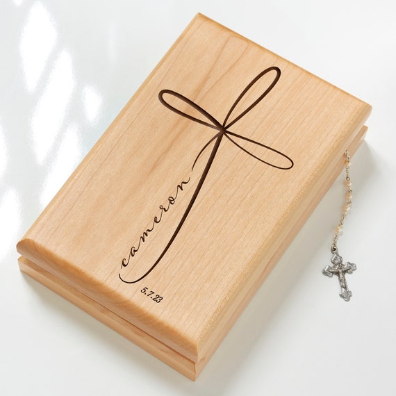 Threehoney First Communion Valet Box Wooden Jewelry Box With Felt