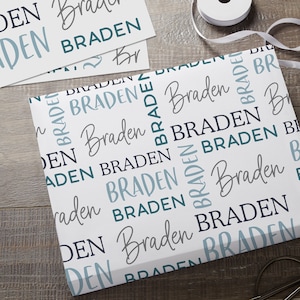 May include: White wrapping paper with a repeating pattern of the name "Braden" in various shades of blue and gray.