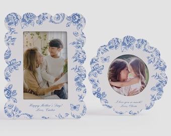 Personalized Toile Picture Frame – Custom Scallop Edge Photo Frame Blue White – Classic Decorative Frame Keepsake Gift