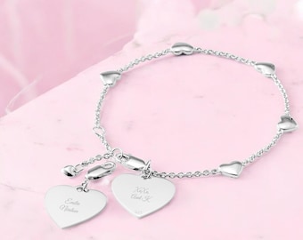 Engraved Name Bracelet, Personalized Charm Bracelet, Custom Sterling Silver Pave Bracelet, Women's Personalized Bracelet, Heart Charm,dainty