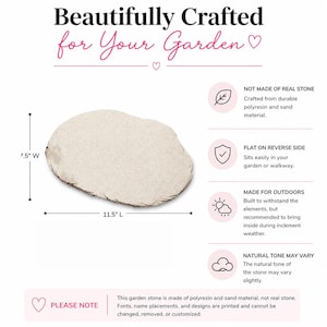 Pu&ograve; includere: Una pietra da giardino beige, di forma irregolare, lunga 29,2 cm e larga 19,1 cm. Il testo "Beautifully Crafted for Your Garden" &egrave; in alto. Realizzata in poliresina e sabbia, per uso esterno.