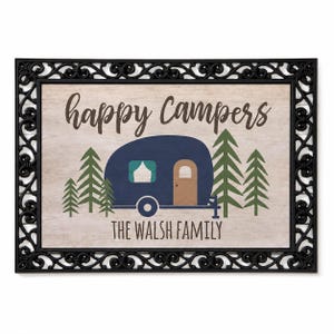 Personalized Happy Campers Doormat – Vintage Camper Family Welcome Rug (18x27)