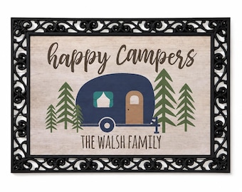 Personalized Happy Campers Doormat – Vintage Camper Family Welcome Rug (18x27)