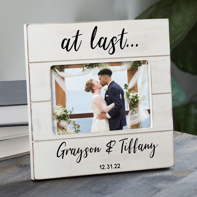 At Last Personalized Wedding Shiplap Picture Frame, Wedding Gifts, Gifts for Couples, Personalized Wedding Gift
