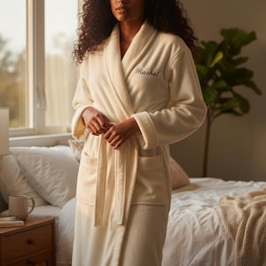 Personalized White Fleece Robe for Women – Embroidered Short Spa Bathrobe – Bridal Getting Ready Robe – Cozy Lounge Robe image 12