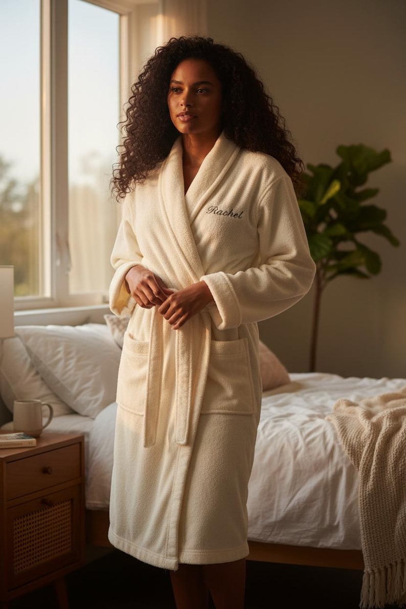 Personalized White Fleece Robe for Women – Embroidered Short Spa Bathrobe – Bridal Getting Ready Robe – Cozy Lounge Robe image 12