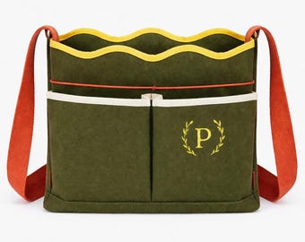 Personalized Scalloped Garden Tool Tote Bag – Custom Initial Canvas Gardening Bag – Floral Utility Tote Gift for Gardener