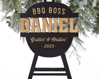 Engraved BBQ Grill Wood Ornament – Personalized Christmas Gift for Dad