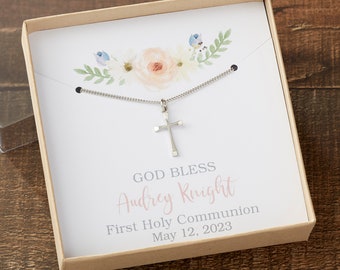 First Communion Cross Necklace With Personalized Message Card, First Communion Gifts, Personalized Gifts for Communion, Summer Jewelry