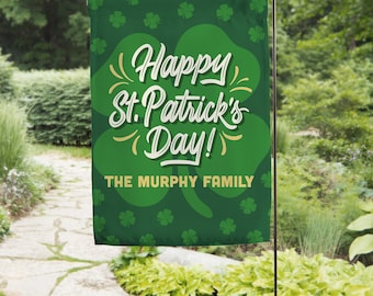 St. Patrick's Day Personalized Garden Flag, Saint Patty's Day Decor, Saint Patricks Day Gift, Luck of the Irish, Four Leaf Clover, Flag Gift