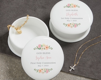 Personalized First Communion Jewelry Box – Girls Custom Name Porcelain Keepsake Box – Communion Gift for Her – Women's Small Floral Ring Box
